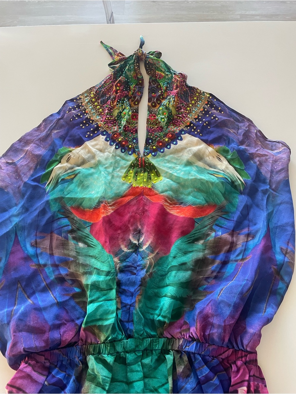Camilla Multicolor Halter Backless 100% Silk Romper with Swarovski Crystals - Picture 6 of 11